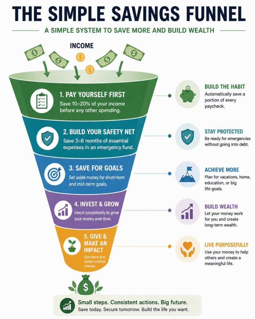 This simple savings funnel shows exactly how to turn any income into real wealth step by step. Learn how to save first, build an emergency fund, invest consistently, and grow your money over time—even if your income is low or unstable.