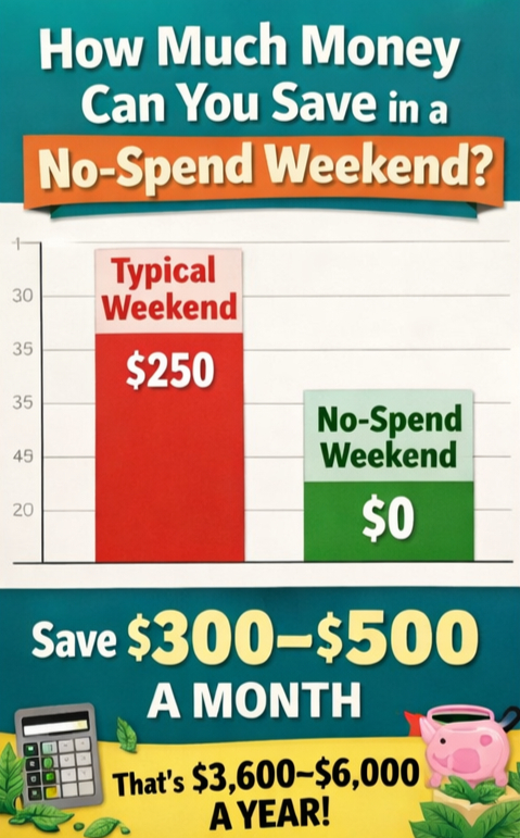 Bar chart comparing $250 typical weekend spending vs $0 no-spend weekend, highlighting $300–$500 monthly savings and up to $6,000 per year.