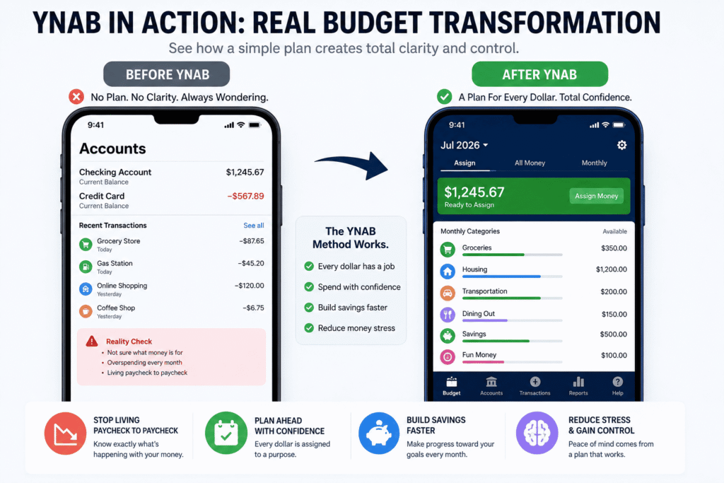 Before and after YNAB budgeting app screenshots showing improved money management and savings