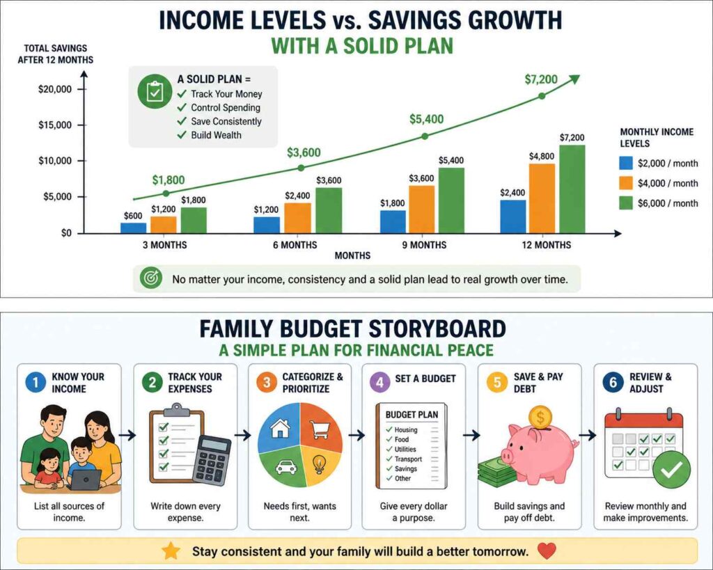 Build wealth on any income budgeting plan chart showing income levels vs savings growth over 12 months with consistent saving strategy
