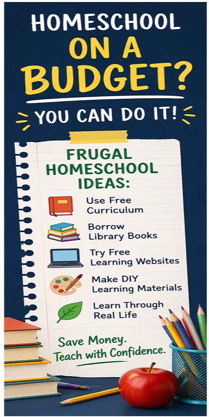 Frugal homeschool ideas for families who want homeschooling on a budget, featuring free homeschool curriculum, affordable homeschool supplies, library resources, cheap learning tools, and simple daily homeschool routines that save money.