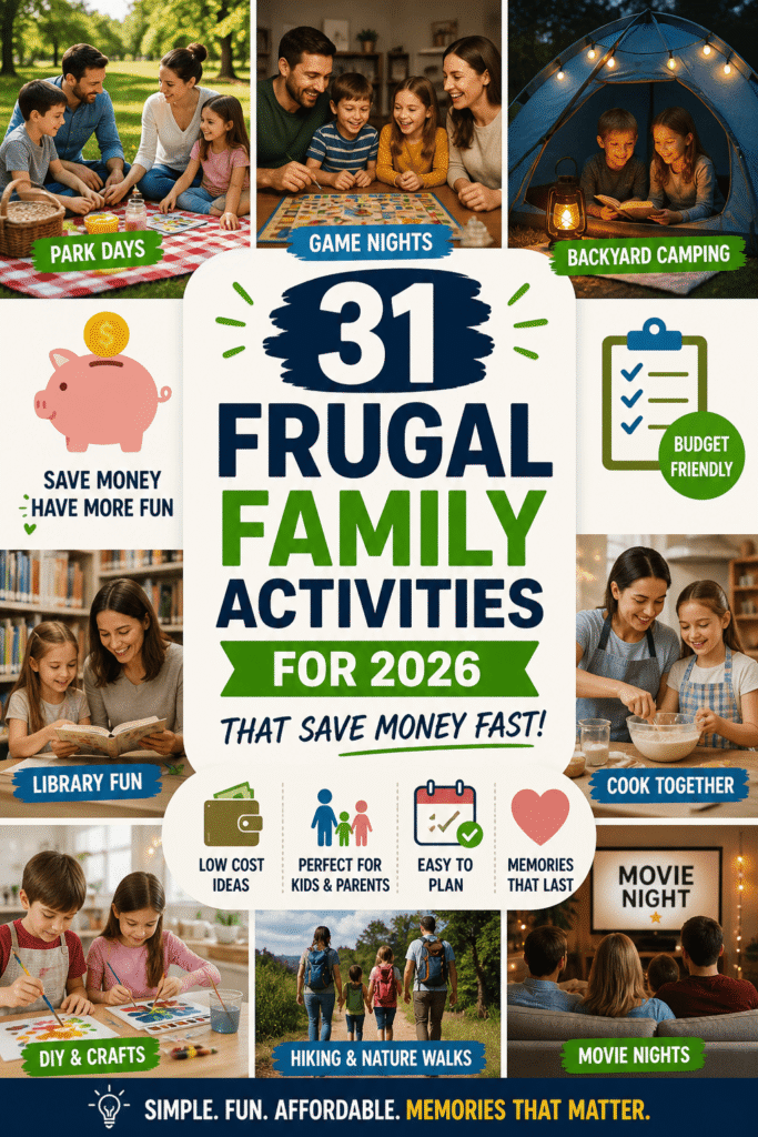 frugal family activities ideas for 2026 including cheap outdoor fun, game nights, backyard camping, library visits, and budget-friendly activities for families