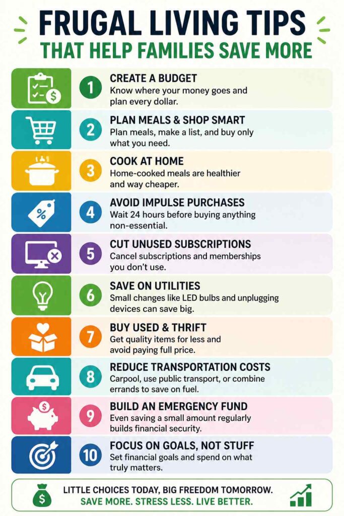 This infographic highlights 10 simple frugal living tips that help families save more money each month. It covers key strategies like budgeting, meal planning, reducing expenses, and building savings habits to achieve long-term financial stability and less financial stress.