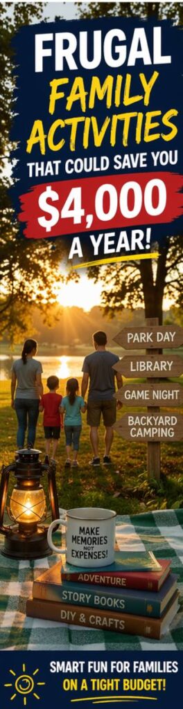 These frugal family activities help families save up to $4,000 a year with simple low-cost ideas. Try park days, library trips, movie nights at home, and budget-friendly family fun that kids love.