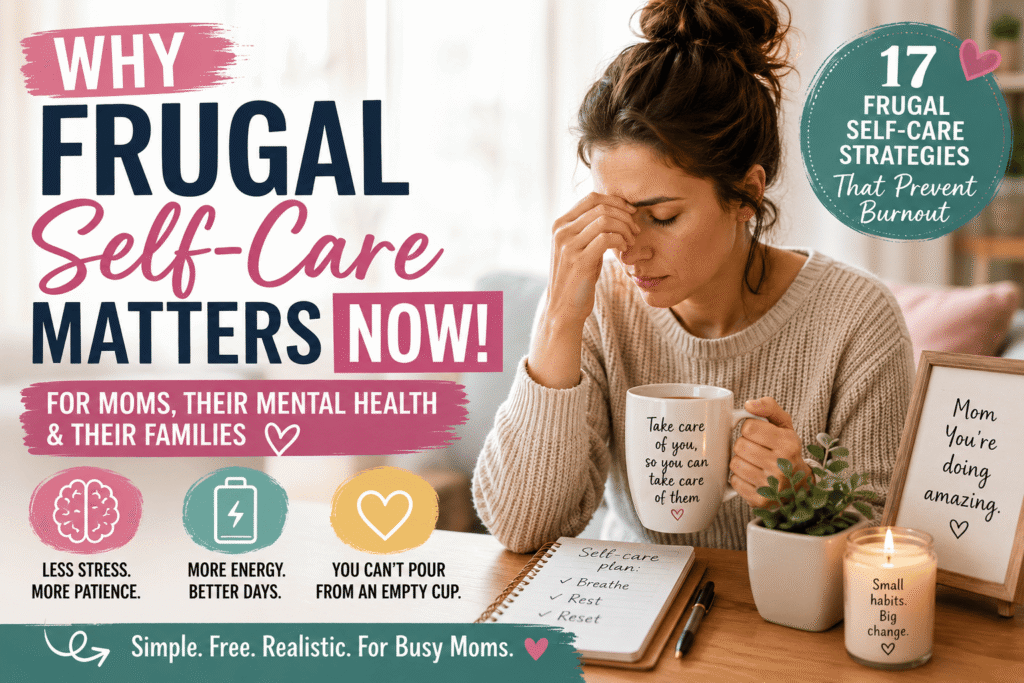 Frugal self-care for moms image showing an overwhelmed mother holding coffee while dealing with stress and burnout, highlighting affordable self-care strategies that improve mental health, energy, and emotional balance for busy moms.