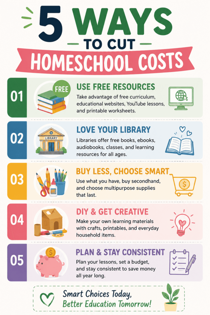 Infographic showing 5 ways to cut homeschool costs using free homeschool curriculum, library resources, affordable homeschool supplies, DIY learning materials, and budget homeschool planning tips for families.