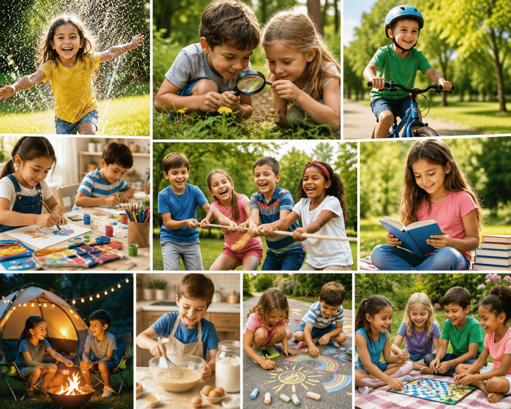 Collage of kids doing frugal summer activities including water play, bike riding, backyard camping, reading books, sidewalk chalk, crafts, outdoor games, and family fun ideas on a budget