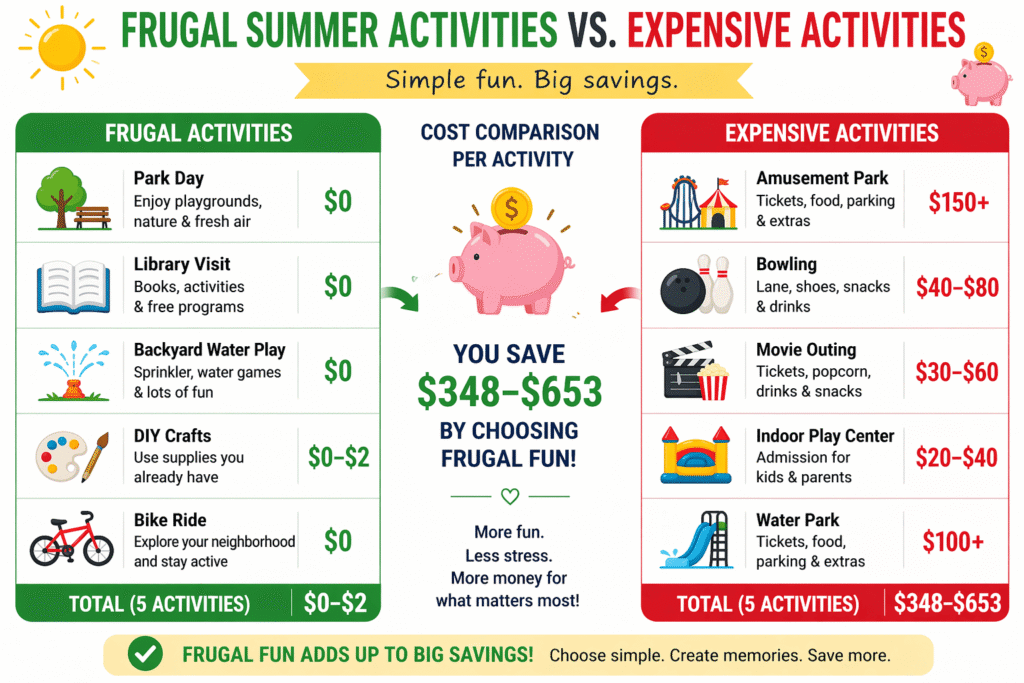 Frugal summer activities for kids infographic showing a colorful grid of cheap summer activities like park play, bike rides, water play, DIY crafts, backyard camping, and free outdoor fun ideas for families on a budget