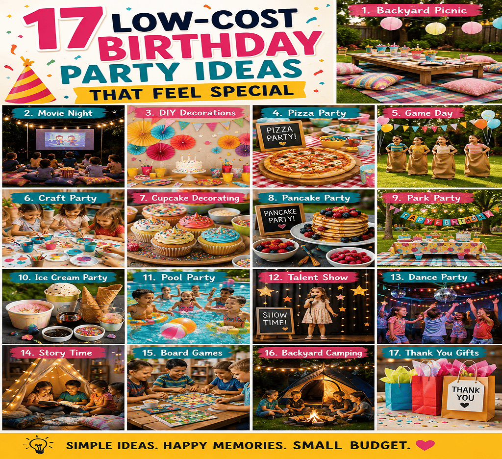 Colorful photo collage featuring low-cost birthday party ideas including backyard picnic setups, cupcakes, movie night parties, DIY crafts, snack tables, balloons, outdoor games, and budget-friendly birthday decorations for kids.