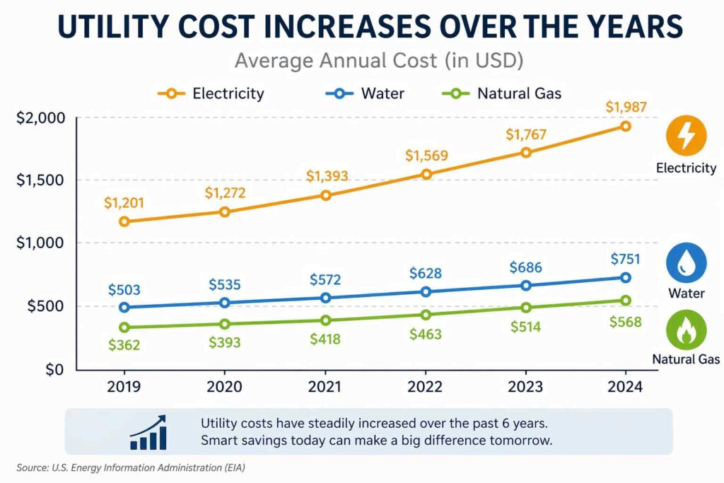 Chart showing utility cost increases over recent years, highlighting rising electricity, water, and gas bills and the need for utility savings tips to reduce monthly costs