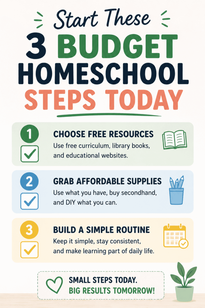 Simple checklist graphic showing 3 budget homeschool steps for families, including free homeschool curriculum, library learning resources, and affordable homeschool supplies for frugal homeschooling.