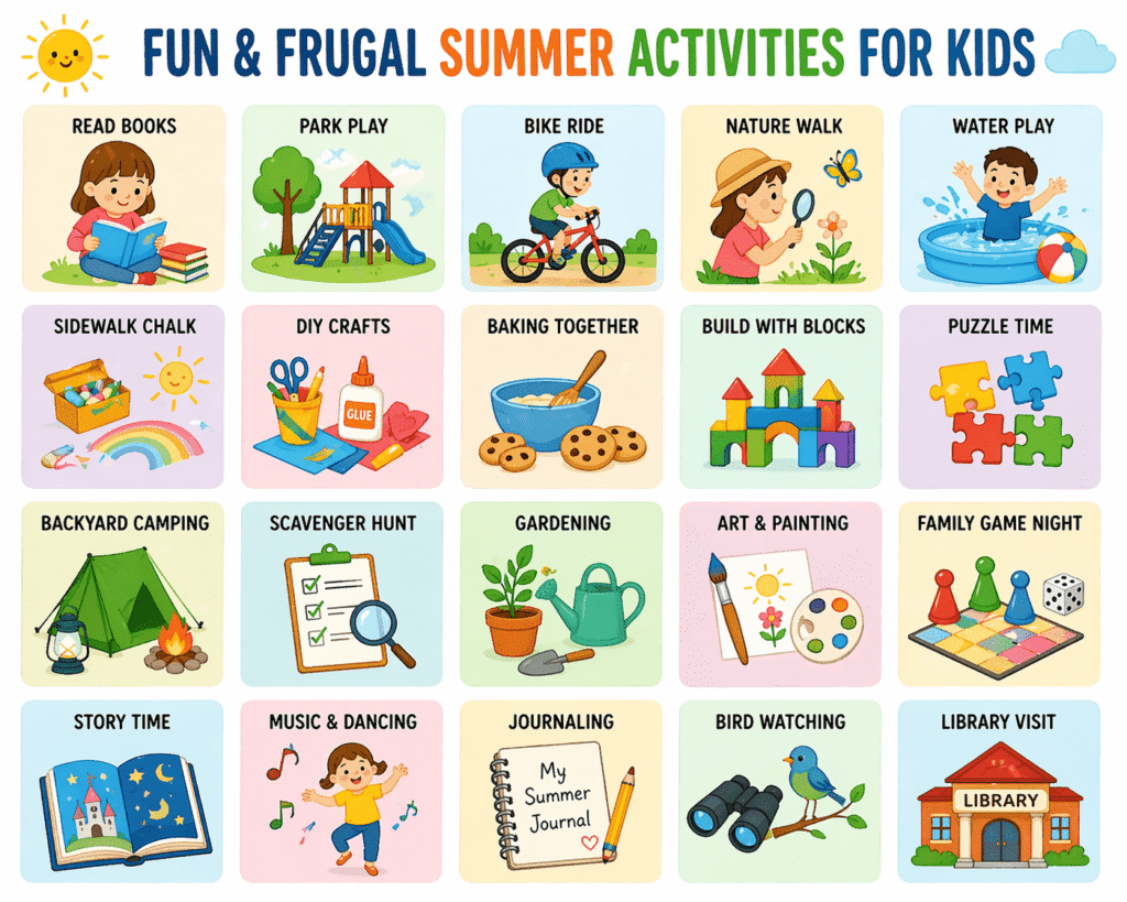 Frugal summer activities for kids infographic showing a colorful grid of cheap summer activities like park play, bike rides, water play, DIY crafts, backyard camping, and free outdoor fun ideas for families on a budget