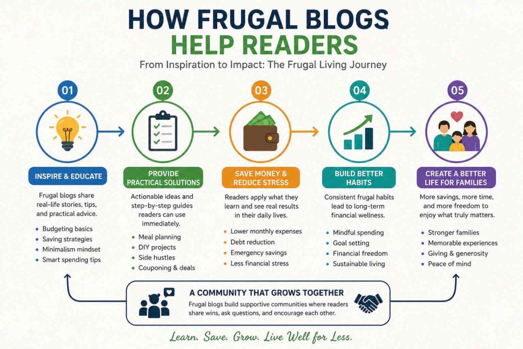 Flow infographic showing how frugal living blogs help readers save money, reduce expenses, build better budgeting habits, and improve family finances with practical frugal tips and strategies.