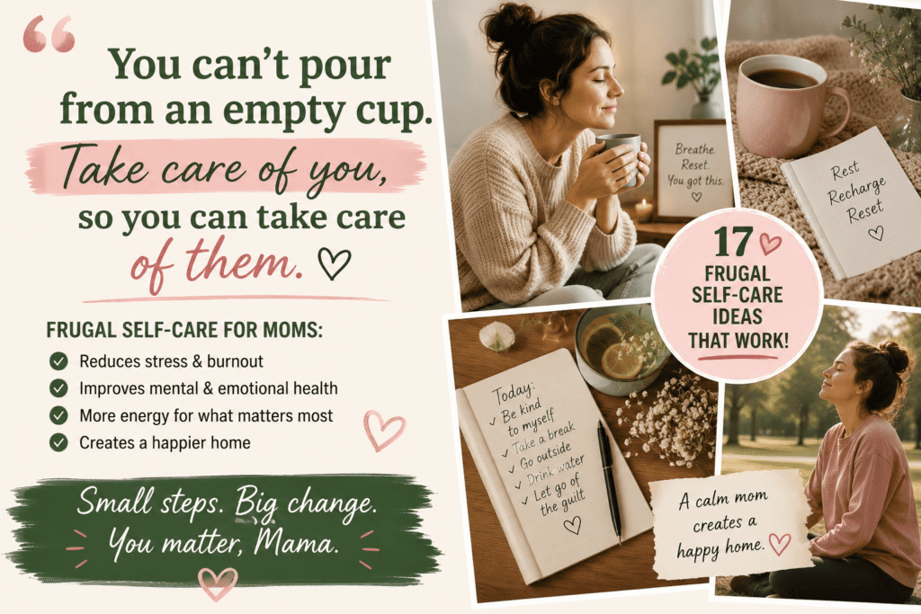Frugal self-care for moms quote collage featuring calming self-care moments, motivational quotes, stress relief reminders, and budget-friendly self-care ideas that help busy moms prevent burnout and improve mental health.