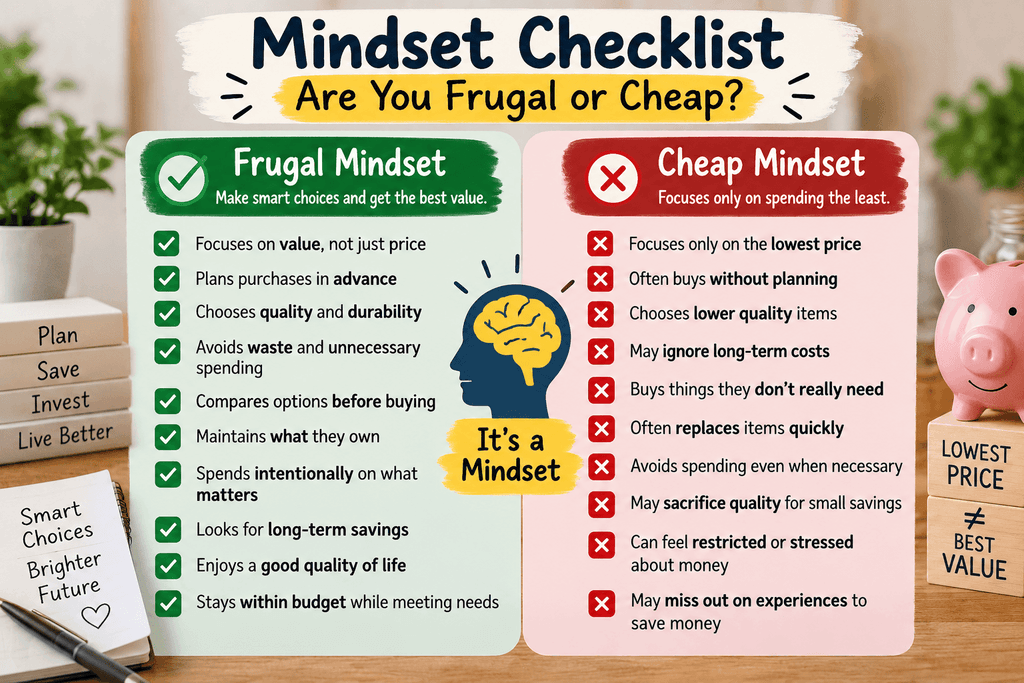 Frugal mindset checklist showing how to be frugal without being cheap by choosing value, quality, planned spending, less waste, and long-term savings.