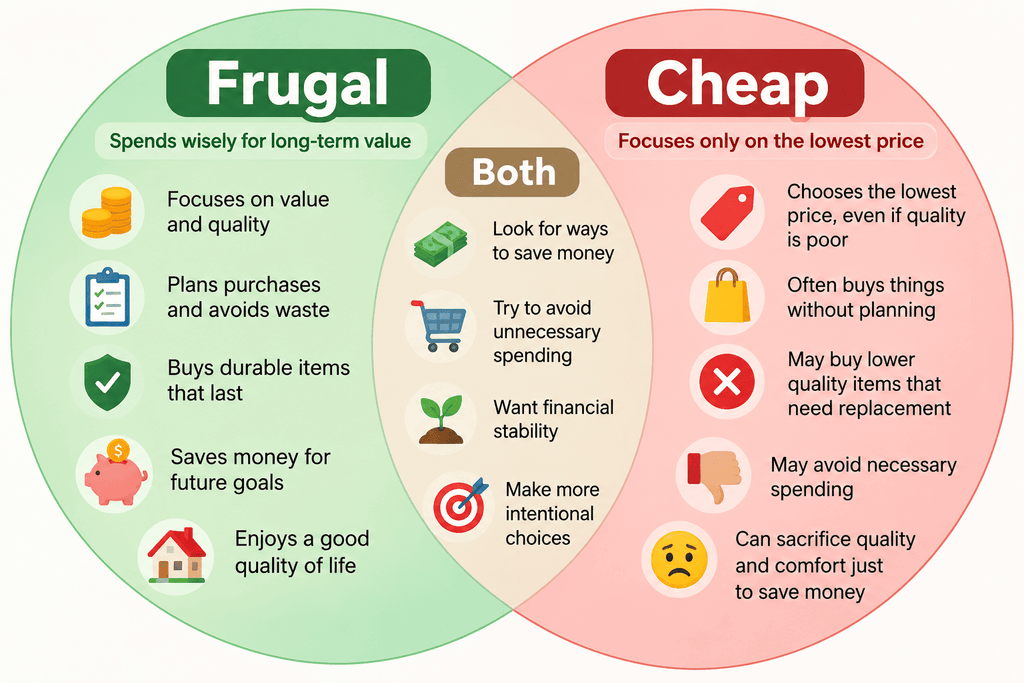 Frugal vs cheap Venn diagram showing how to be frugal without being cheap by focusing on value, quality, smart spending, and long-term savings.