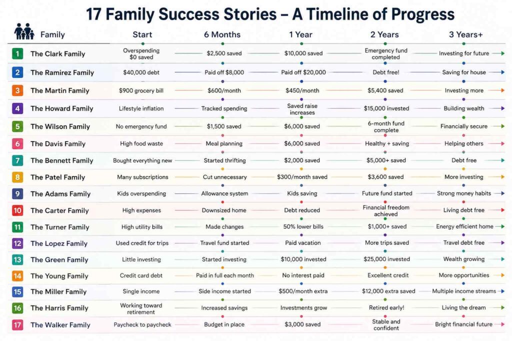This timeline shows how families move from overspending and debt to strong savings and financial stability using frugal living habits. It highlights key stages like budgeting, cutting expenses, building an emergency fund, and long-term wealth growth through consistent money-saving strategies.