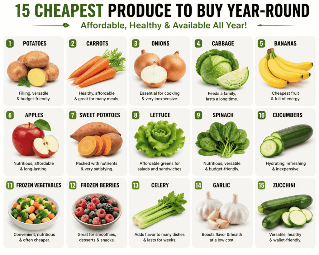A visual guide showing the 15 cheapest produce to buy year-round, including potatoes, carrots, onions, cabbage, bananas, and apples. This image helps families quickly identify budget-friendly fruits and vegetables that stay affordable throughout the year and can be used in everyday meals to save money on groceries.