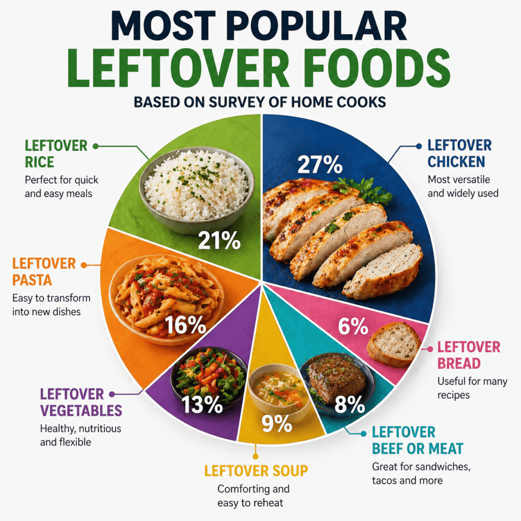 This pie chart highlights the most commonly used leftover foods in family kitchens, including chicken, rice, pasta, vegetables, and potatoes. It gives a quick visual breakdown of which ingredients are most often reused for easy leftover meals, helping families plan smarter and reduce food waste.