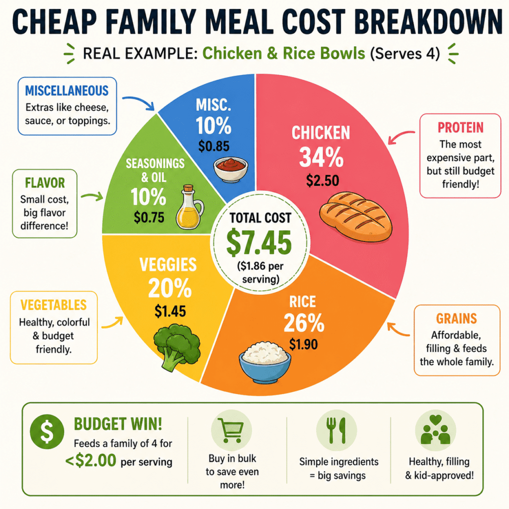 This pie chart shows a real cheap family meal cost breakdown using simple ingredients like chicken, rice, and vegetables. It explains how families can create budget-friendly meals for picky eaters while keeping costs under $2 per serving. A helpful visual for parents looking to save money on groceries without sacrificing meals kids will eat.