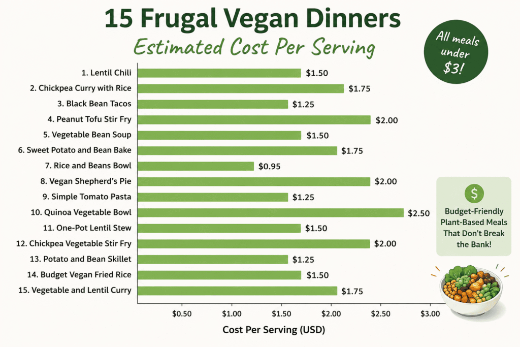 Cost per serving bar chart comparing 15 frugal vegan dinners including lentil chili, chickpea curry, vegan fried rice, rice and beans, tofu stir fry, and other cheap plant-based meals.