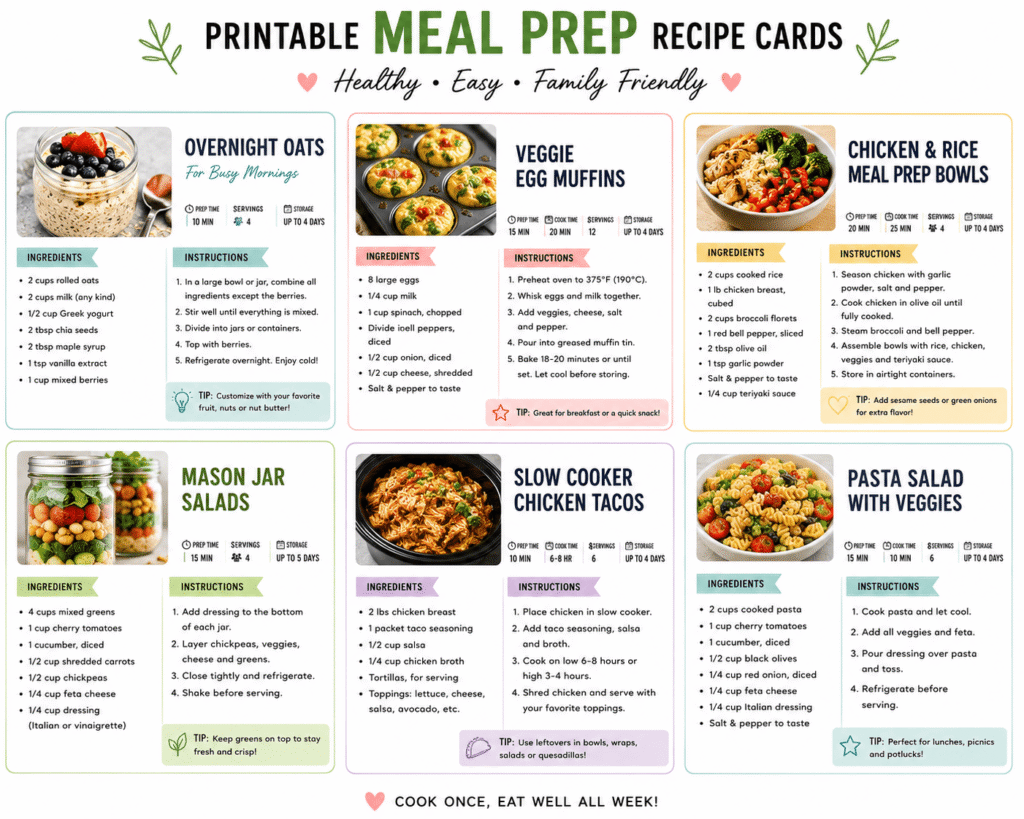 These printable healthy meal prep recipe cards include easy breakfast, lunch, and dinner ideas designed for busy families. Each card features simple ingredients, quick instructions, prep times, and storage tips to help save time, reduce stress, and make weekly meal planning easier.