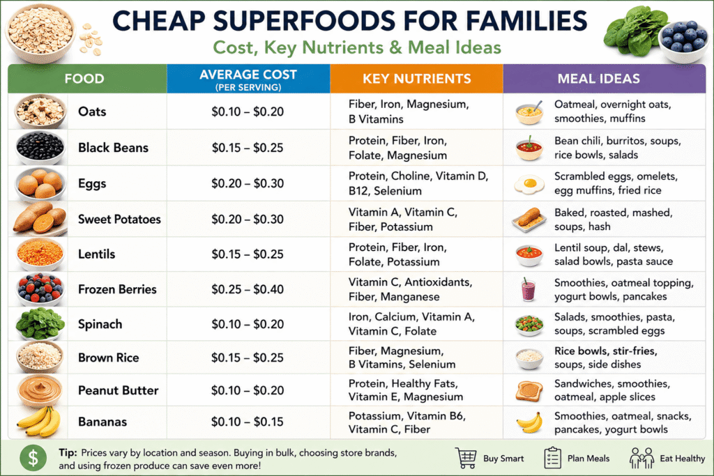 Table showing cheap superfoods for families with average cost, key nutrients, and easy meal ideas including beans, oats, eggs, sweet potatoes, frozen berries, and brown rice.