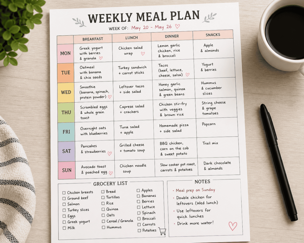 Meal planner printable example showing a complete weekly meal plan with breakfast, lunch, dinner, and snacks. See how to use a weekly meal planner printable to organize meals, plan groceries, and save time every week.