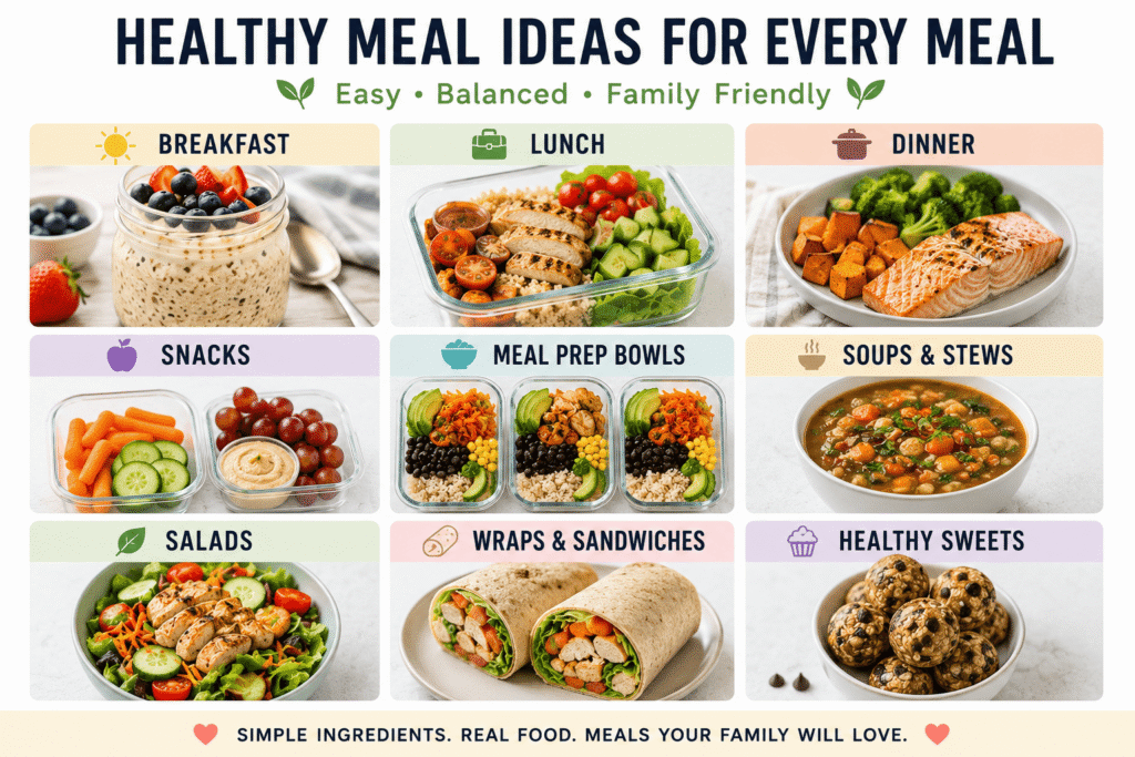 Healthy family meal prep food grid showing breakfast, lunch, dinner, snacks, salads, soups, wraps, and meal prep bowl ideas