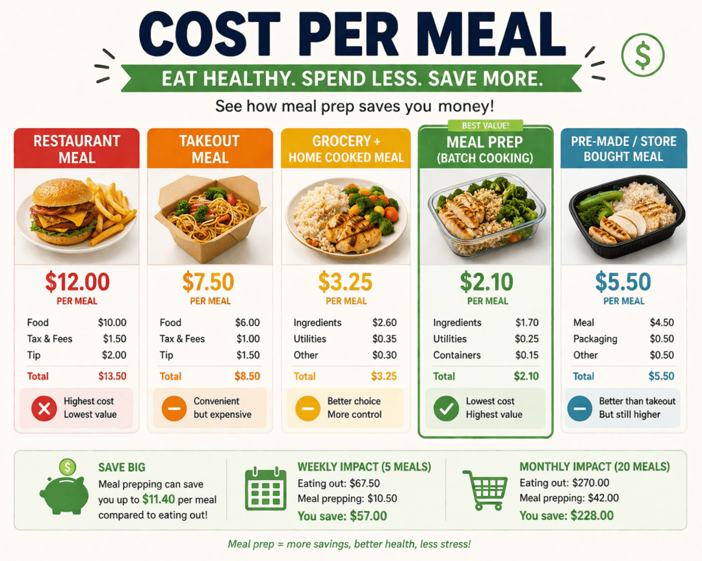A clear cost per meal infographic comparing eating out, delivery, home cooking, and meal prep. It shows how meal prepping drastically reduces food costs, with weekly and monthly savings that help families stay on budget while eating healthy and saving time.