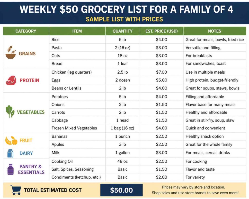 This pie chart shows a realistic weekly $50 grocery budget breakdown for a family of 4, including how much to spend on grains, protein, vegetables, fruit, and basic pantry items. It helps families understand exactly where their grocery money goes and how to stay within a tight budget.