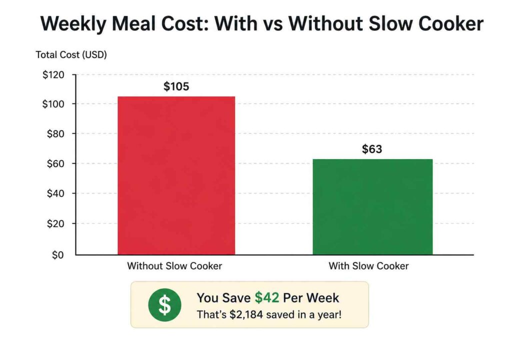 Simple chart showing weekly meal cost with vs without slow cooker, highlighting how budget-friendly slow cooker meals reduce grocery costs and save money for families.