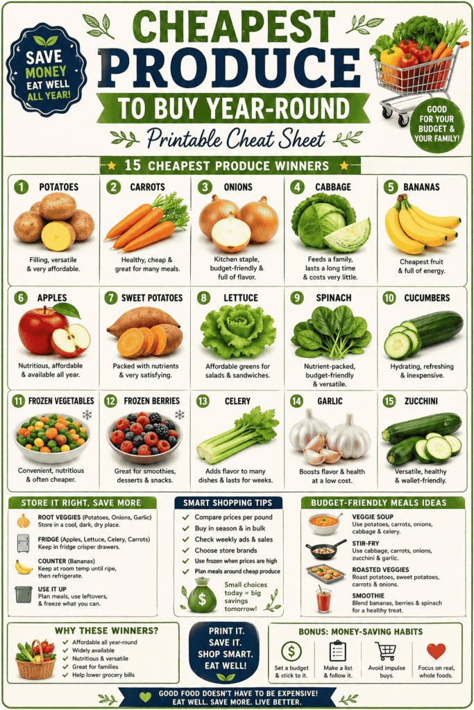 A printable cheat sheet showing the 15 cheapest produce to buy year-round, including potatoes, carrots, onions, cabbage, bananas, and apples. This easy-to-use guide helps families quickly plan budget-friendly grocery trips, reduce food waste, and save money with smart produce choices.