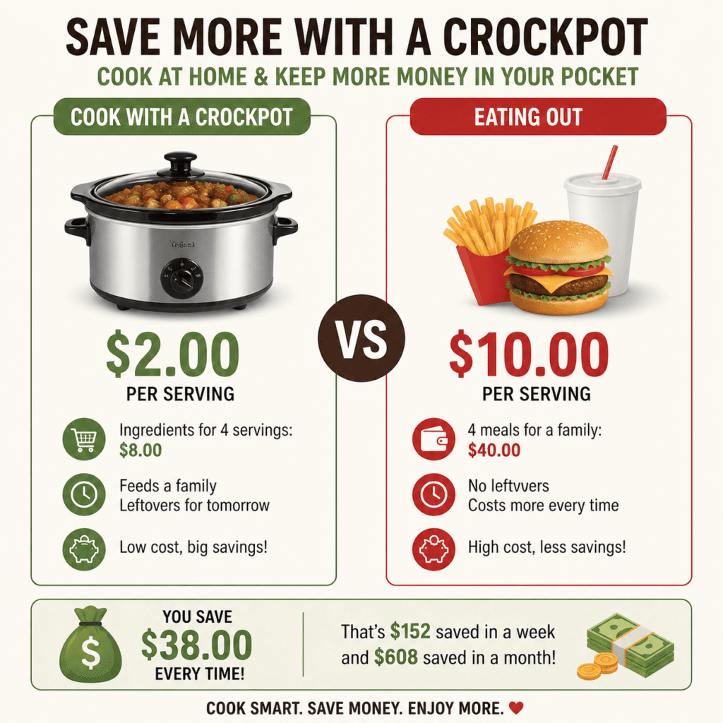 A clear cost comparison showing how a frugal crockpot meal plan saves money compared to eating out. This infographic highlights per-meal costs, weekly totals, and monthly savings, making it easy to see why slow cooker meals are better for a budget.