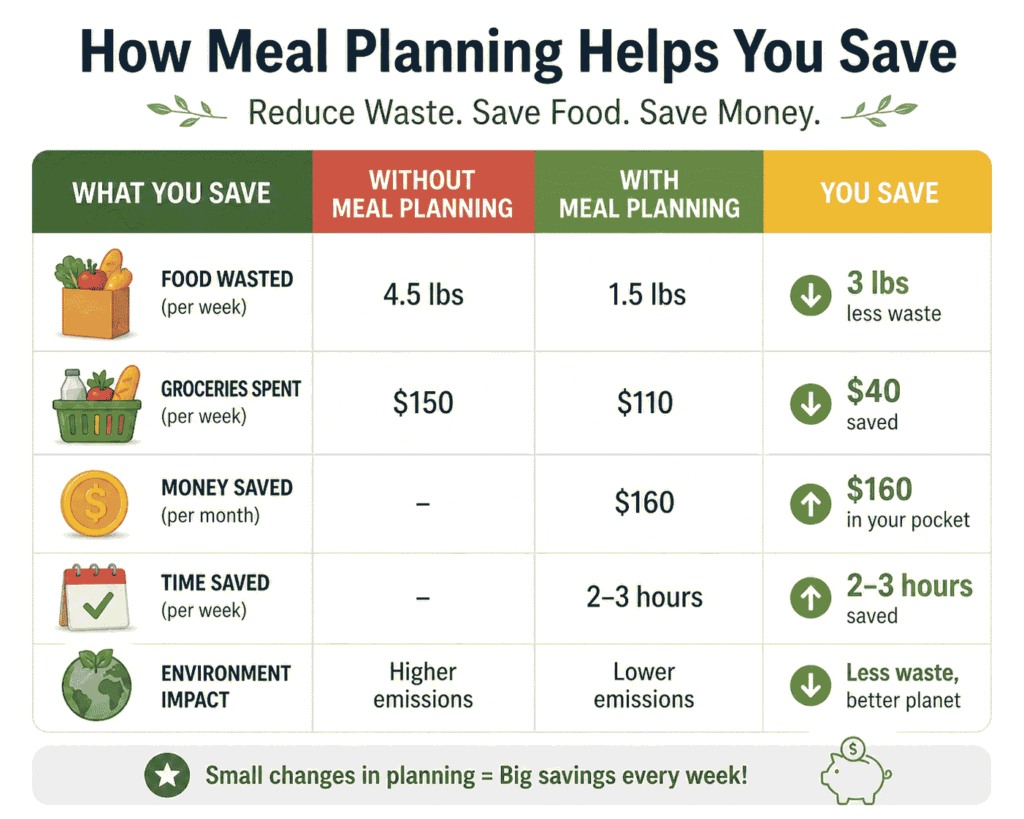 This simple table shows how meal planning helps families reduce food waste and save money each week. See real examples of how much food is saved, how grocery costs drop, and how small changes can lead to big savings over time.