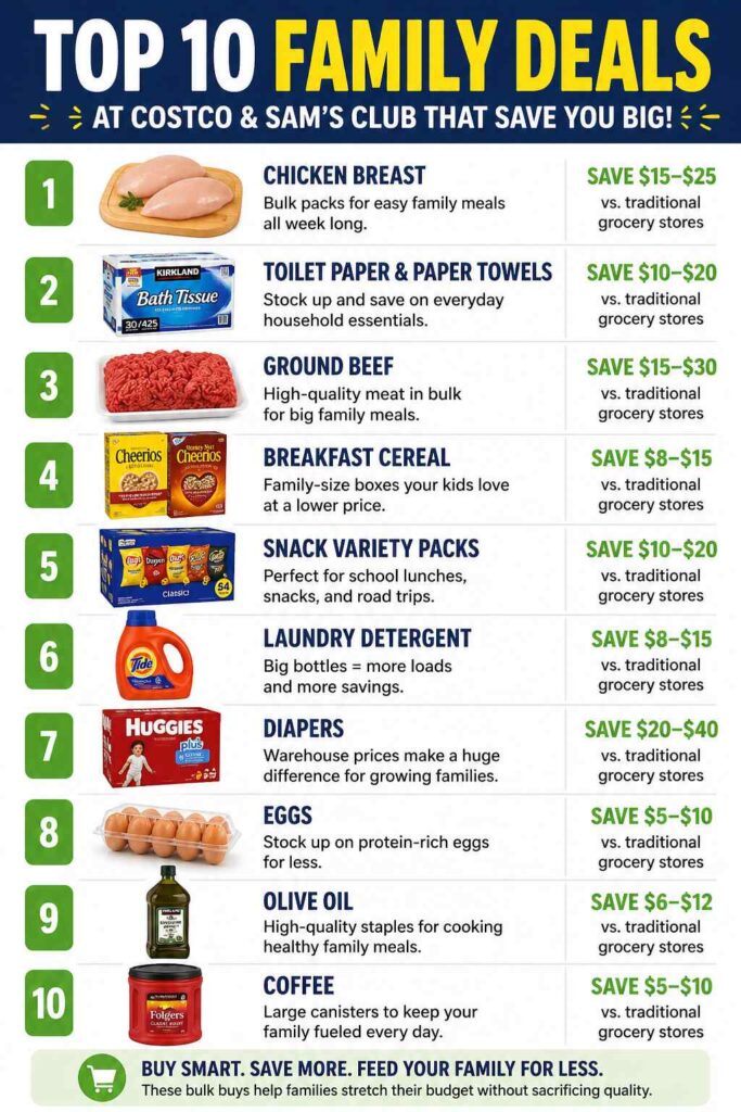 A list-style graphic showing the top 10 best family deals at warehouse clubs like Costco and Sam’s Club. Highlights include bulk groceries, diapers, snacks, and household essentials that help families cut grocery costs and save more every month.