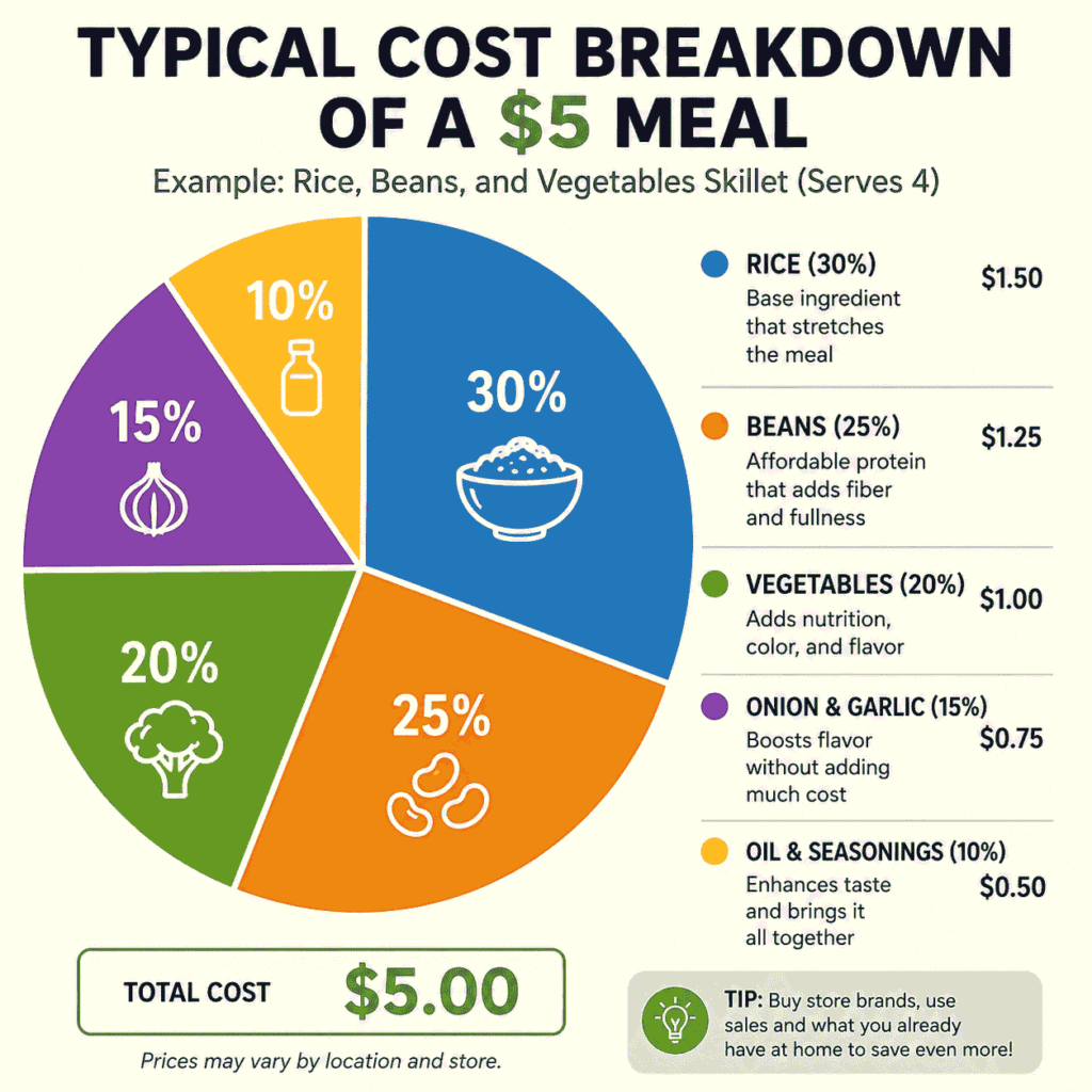 This pie chart shows how a $5 dinner for families is divided across key ingredients like rice, beans, vegetables, and seasonings. It highlights how cheap pantry staples can feed multiple people while keeping total meal costs low, making it easier for families to plan budget-friendly dinners.