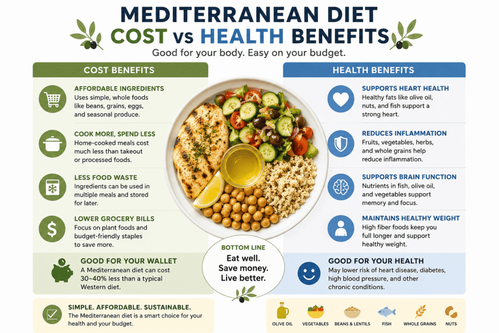Simple infographic showing the cost vs health benefits of a budget-friendly Mediterranean diet plan with affordable foods like vegetables, beans, olive oil, grains, and healthy family meals.
