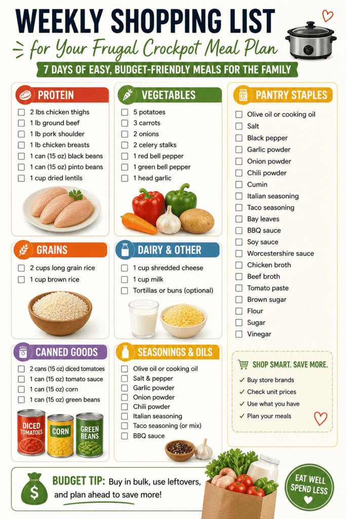 A detailed weekly shopping list for a frugal crockpot meal plan, organized by protein, vegetables, pantry staples, and more. This checklist helps families plan cheap slow cooker meals, stay on budget, and avoid overspending at the grocery store.