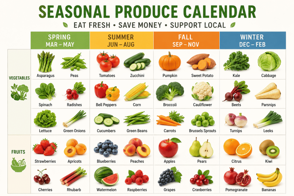 Seasonal produce calendar showing affordable fruits and vegetables by season for frugal vegetarian meal planning and budget grocery shopping