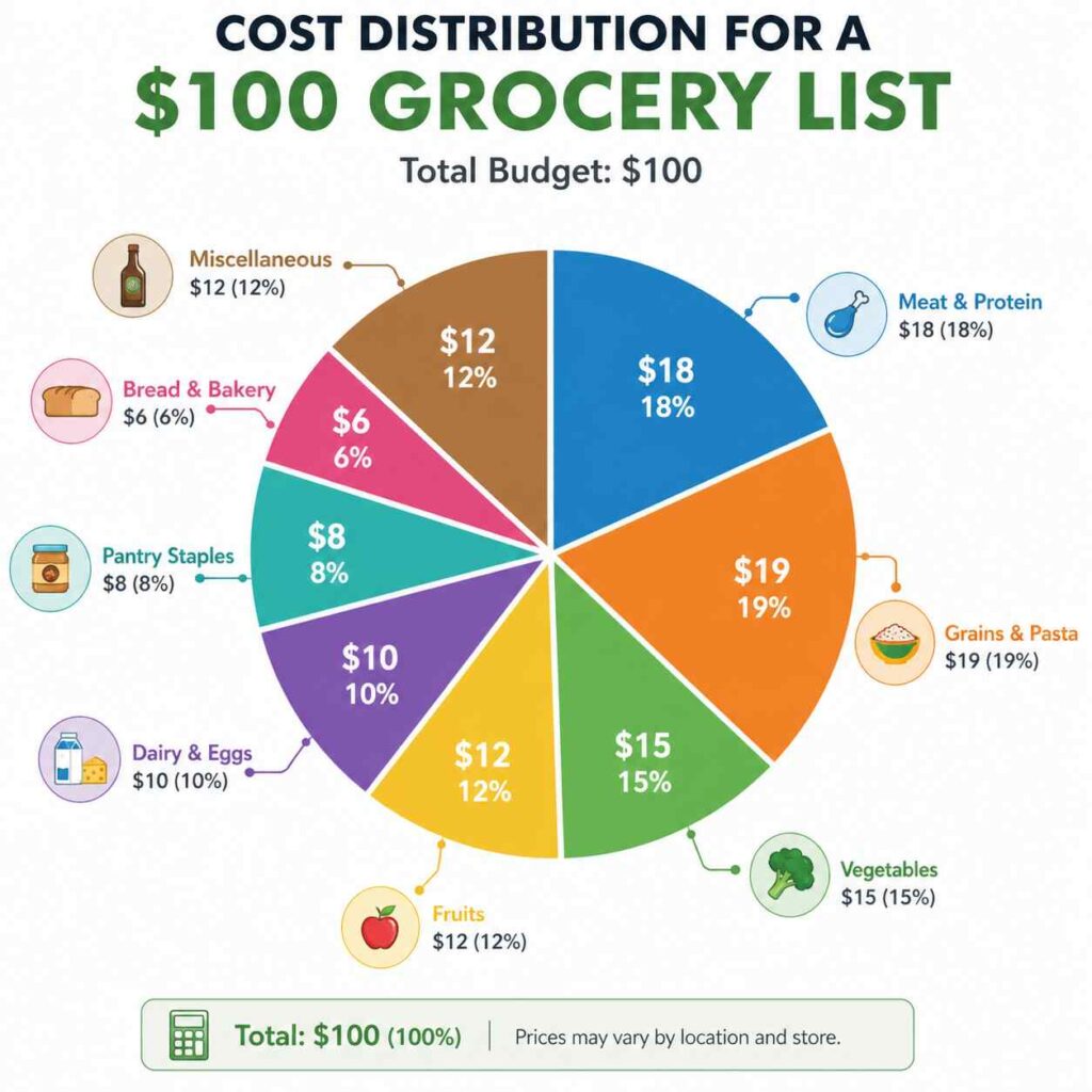 This pie chart shows how a $100 grocery budget is distributed for meal prep, including spending on proteins, carbs, produce, and pantry staples. It helps families understand how to plan affordable meals, balance grocery costs, and stretch a weekly food budget efficiently.