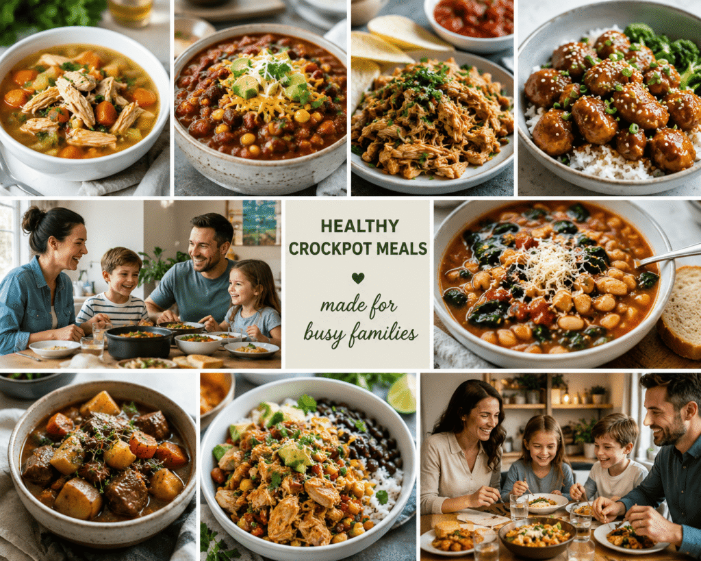 Photo collage showing healthy family-friendly crockpot meals including soup, chili, chicken tacos, stew, burrito bowls, and slow cooker dinners for busy families