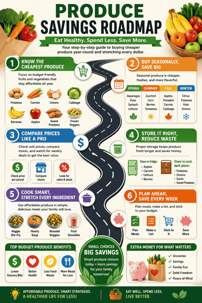 A step-by-step produce savings roadmap infographic that shows how families can lower grocery costs using cheap produce year-round. It highlights smart shopping strategies, seasonal buying, storage tips, and budget-friendly fruits and vegetables that help reduce food waste and stretch a grocery budget.