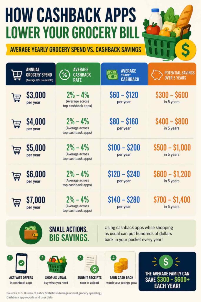 infographic showing average yearly grocery spend vs cashback savings using best cashback apps for groceries, including how families can earn money back on groceries and save up to $600 per year