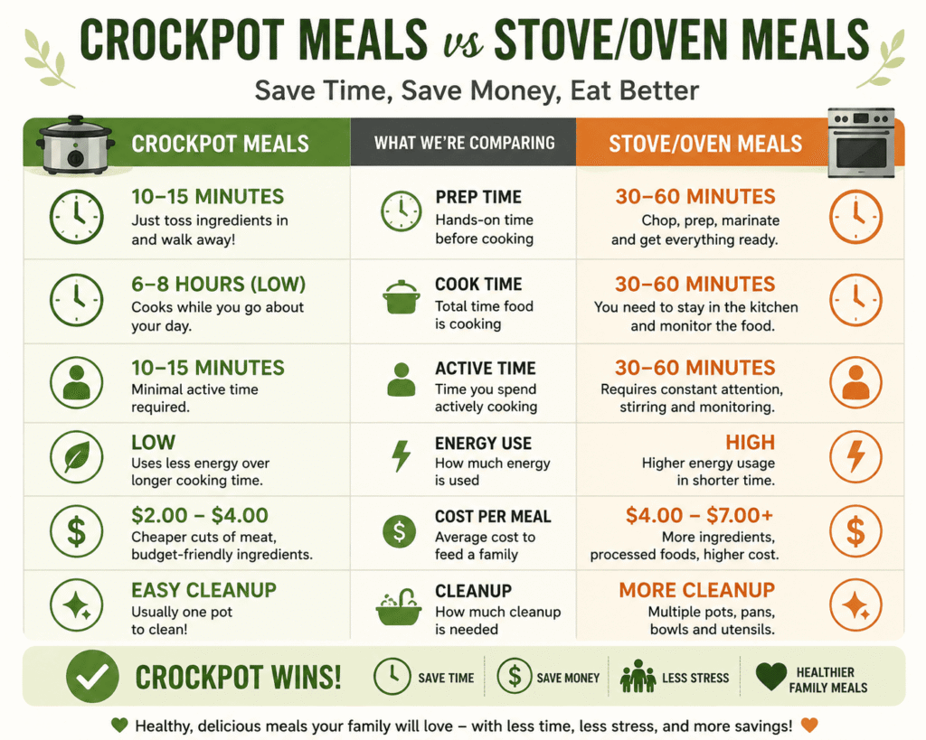 Comparison chart showing crockpot meals vs stove and oven cooking with lower prep time, lower cooking costs, easier cleanup, and faster family meal preparation