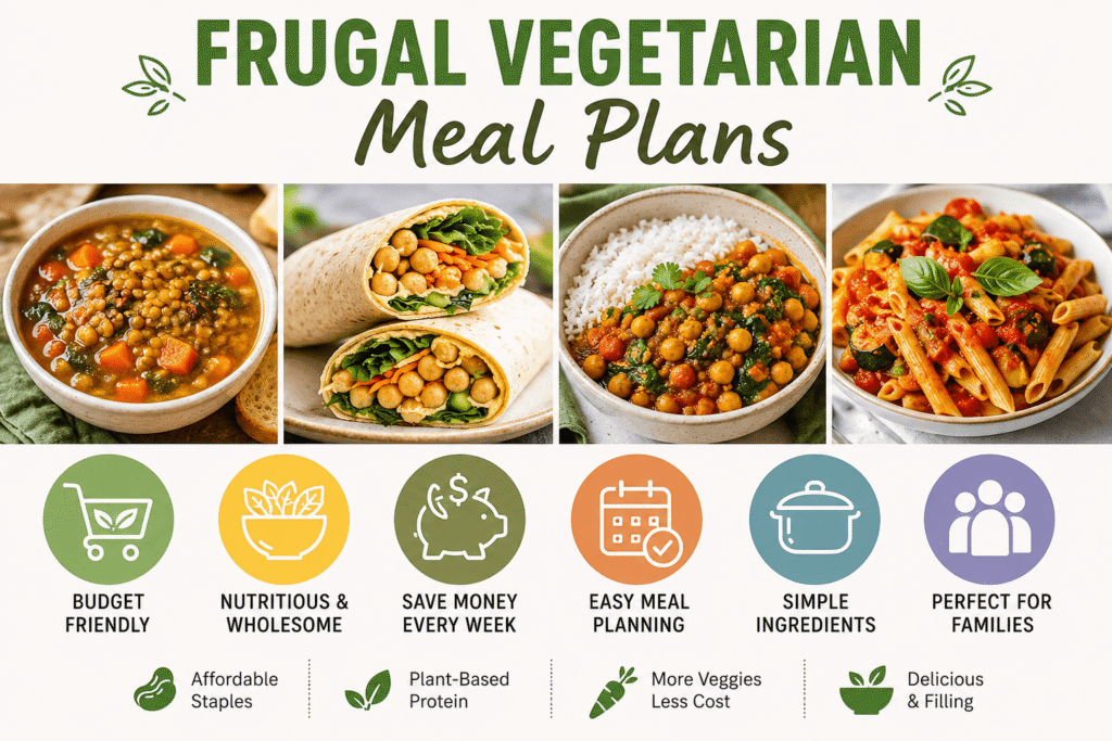 Photo collage of cheap and healthy frugal vegetarian meal plans with lentil soup, chickpea wraps, curry, pasta, and budget-friendly family meal icons