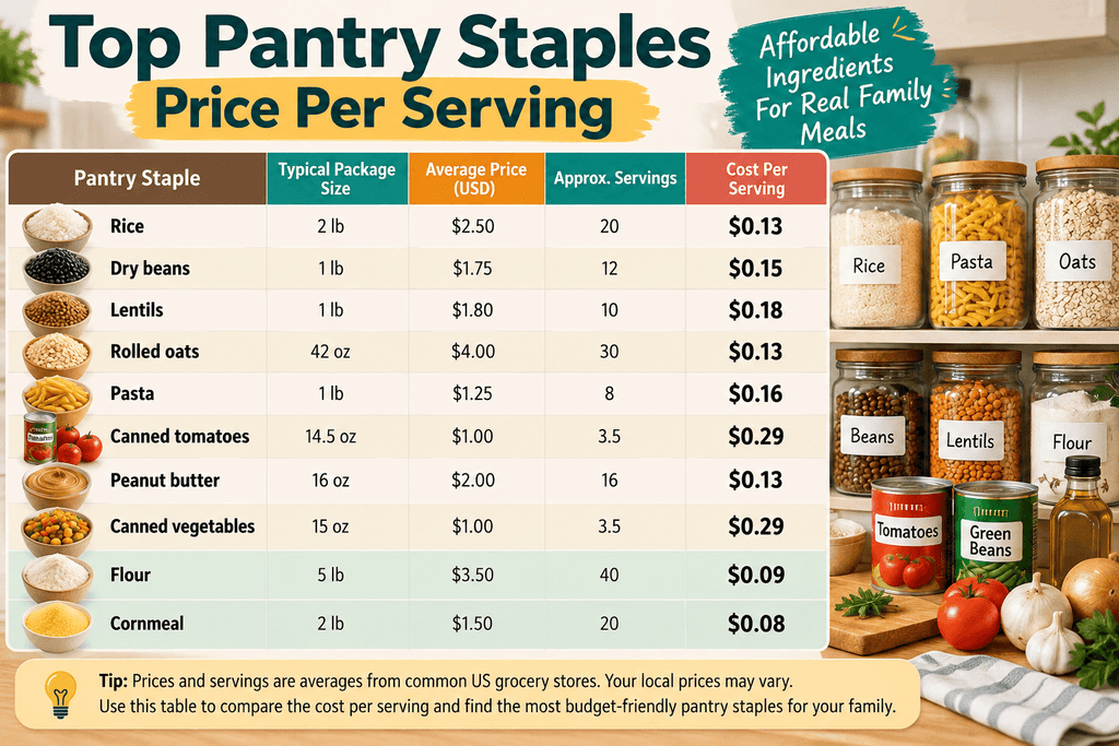 Price per serving comparison chart of 10 pantry staples that save money, including rice, dry beans, lentils, oats, pasta, canned tomatoes, peanut butter, flour, and cornmeal for budget-friendly family meals.