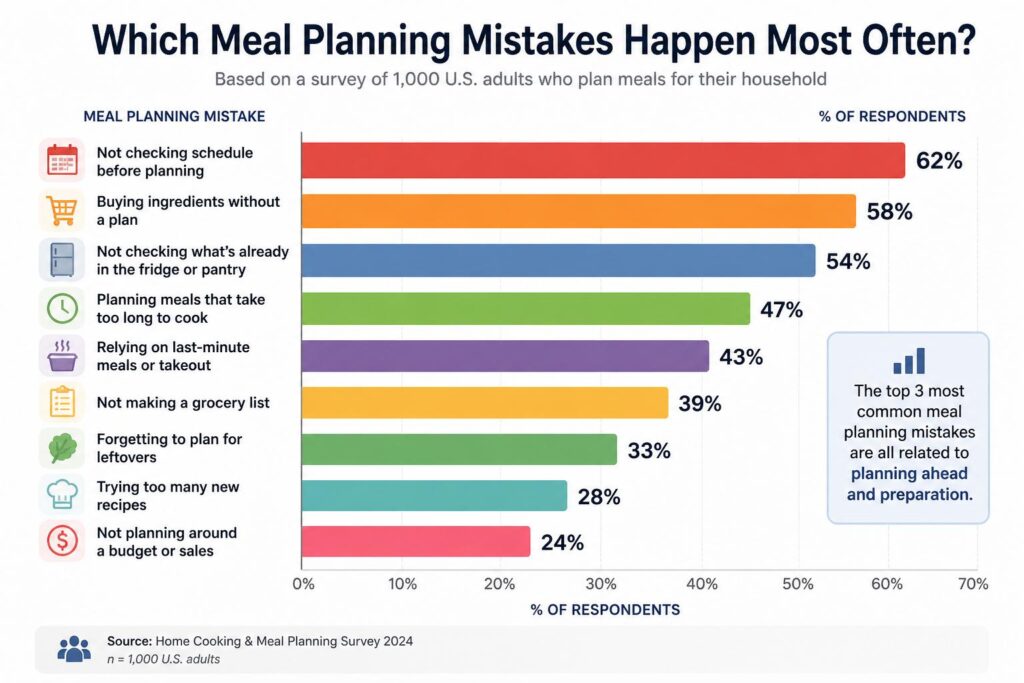 This chart reveals the most common meal planning mistakes families make every week. From not checking schedules to relying on last-minute meals, these mistakes lead to food waste, higher grocery bills, and stress. See the real data behind why meal planning fails—and how to avoid these costly habits.