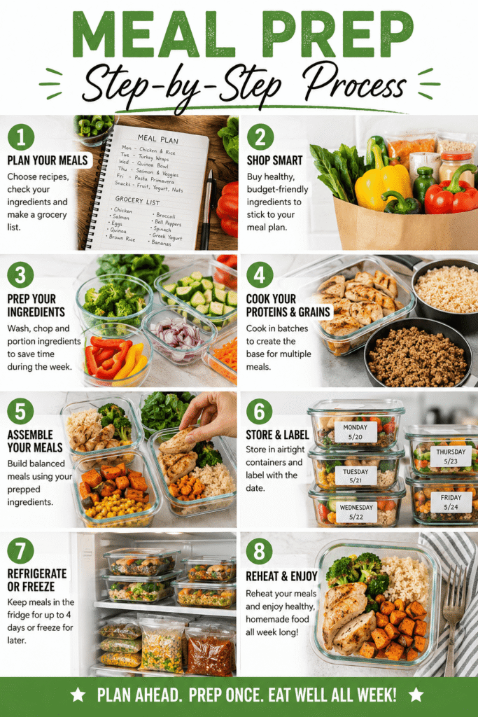 Step-by-step healthy family meal prep chart showing planning, grocery shopping, ingredient prep, cooking, storing, and reheating meals for the week
