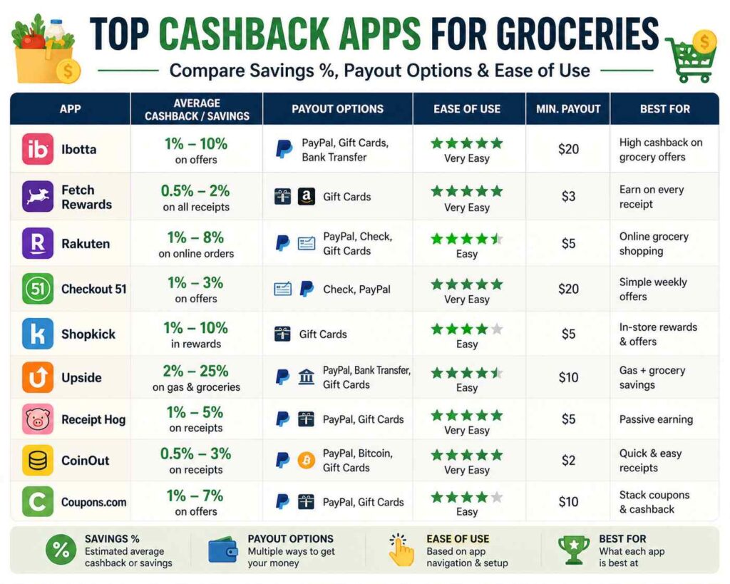 Trying to find the best cashback apps for groceries? This comparison chart breaks down savings rates, payout methods, and ease of use so you can see which apps actually pay the most. Learn how to choose the right grocery cashback apps and start earning money back on every shopping trip.